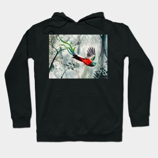 Quetzal Flying in Misty Forest Hoodie